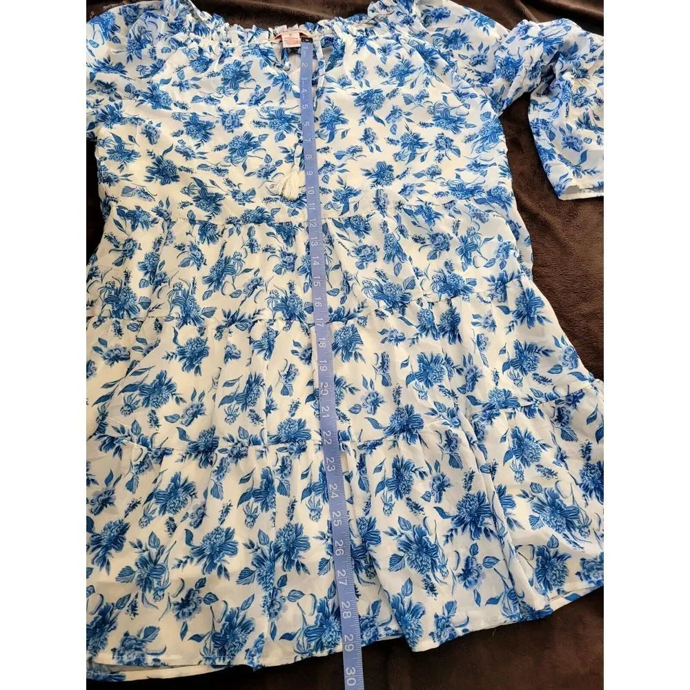 Flying Tomato Womens White Blue Floral Long Sleeve Fit & Flare Dress Size M Love
